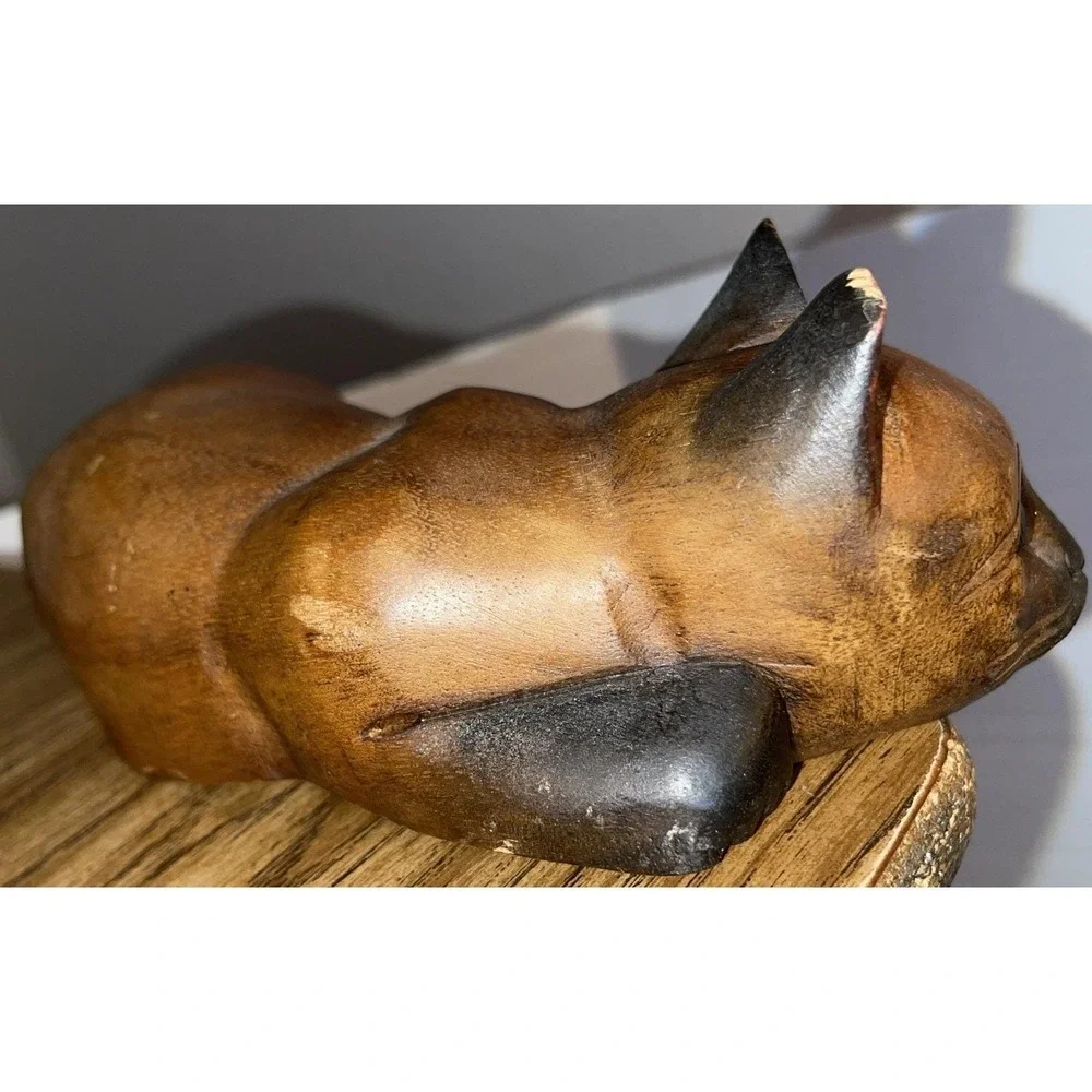 VTG Hand Carved Wood Cat Shelf Sitter Whimsical Siamese Figurine 1980s Folk Art
